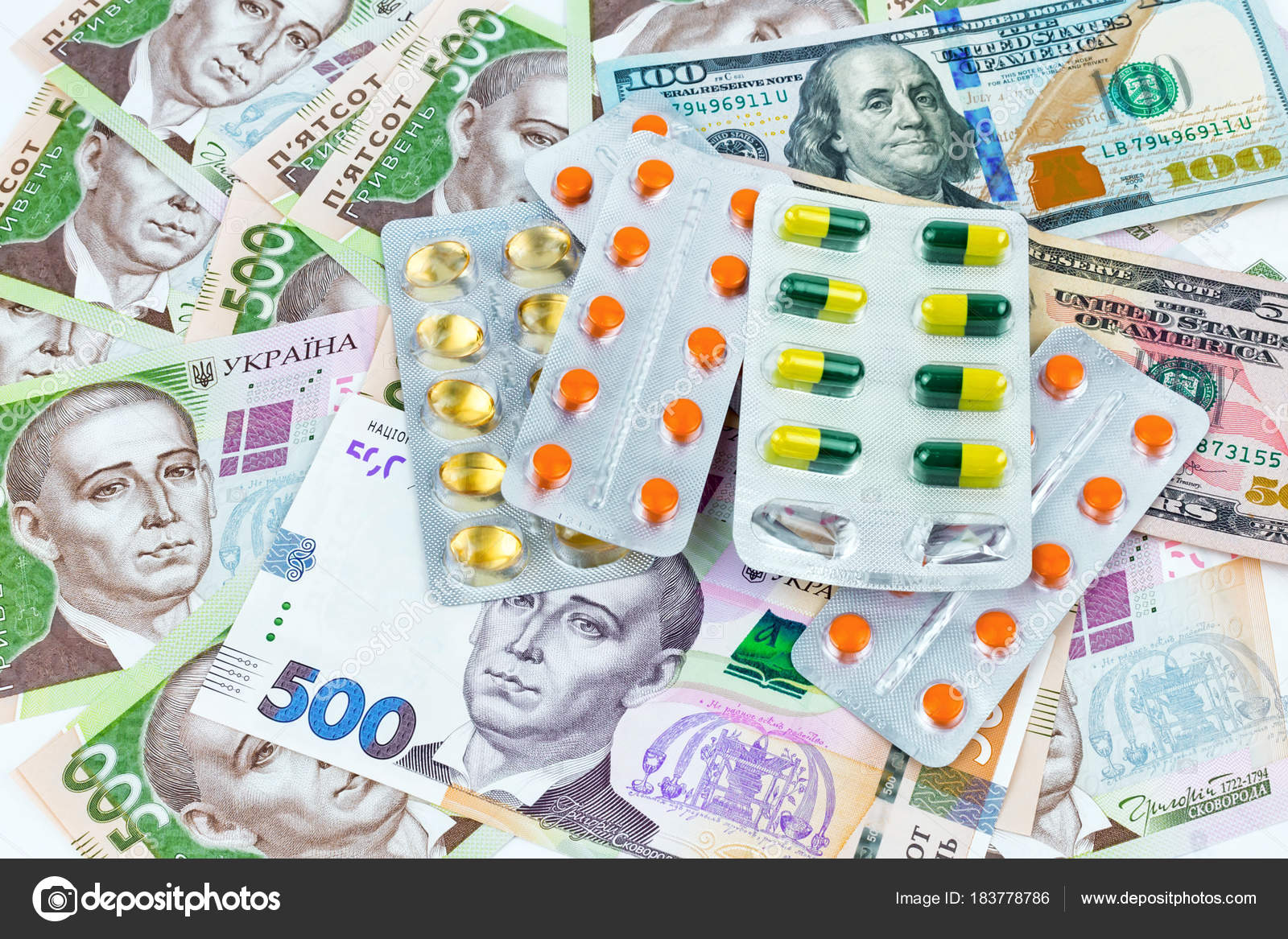 The principle of expensive medicine. Many pills lie on a white surface for money. There is no free medicine. Doctor Consultation and Corruption. Ukrainian hryvnia and dollar and pills 2018